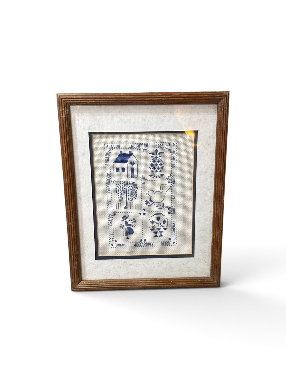 Vintage Cottagecore Cross Stitch Sampler Framed Folk Art Home Family 15.5”